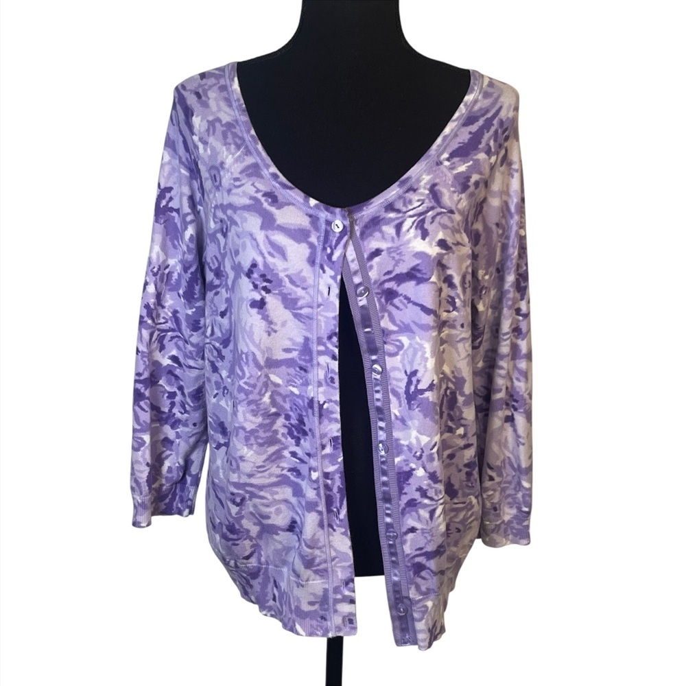 Pendleton Cardigan Sweater Sz M Floral Cotton Knit 3/4 Button Front Purple Light